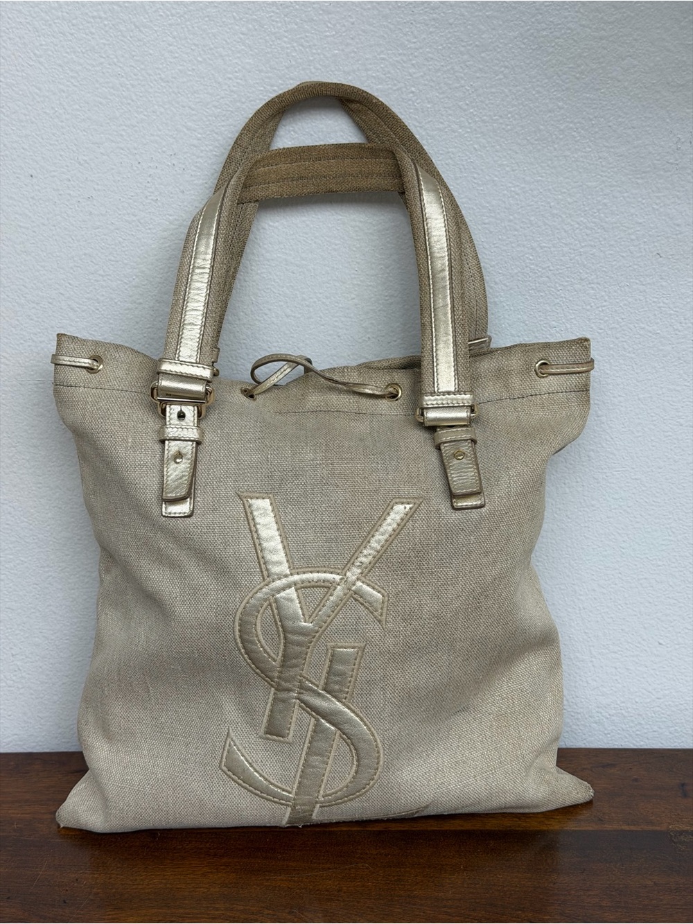 Vintage Yves Saint Laurent YSL Gold Tan Tote Bag Canvas Leather Trim